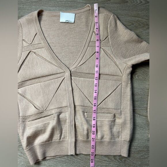 3.1 PHILLIP LIM | Folded Triangle Tan Cream Wool Cardigan - Picture 8 of 9